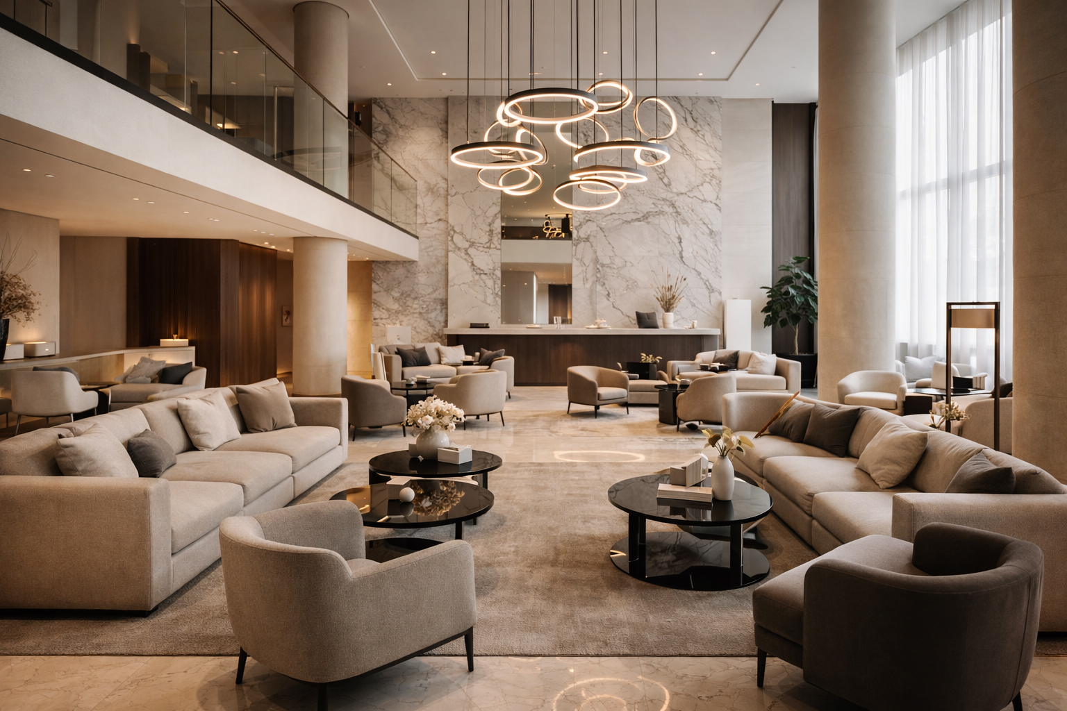 Lobby de hotel con mobiliario contemporáneo